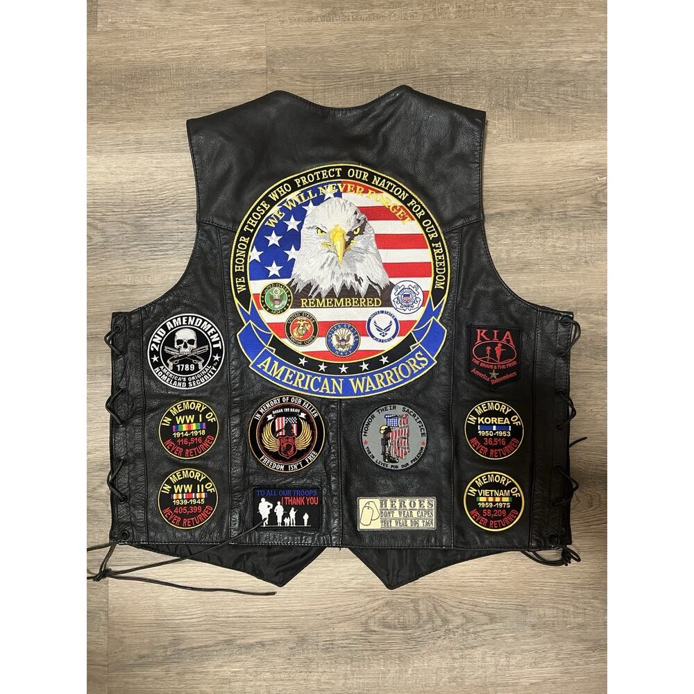 Hot Leathers Men’s Black Leather Motorcycle Vest American Warriors Patches XL